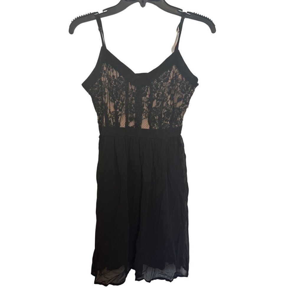 Black Lace Bodice Sleeveless Dress With Sheer Overlay Size S
